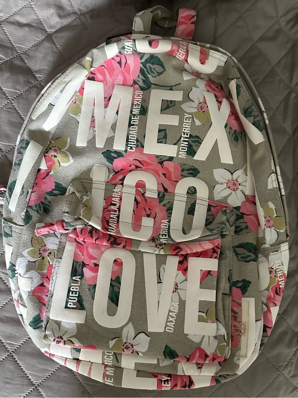 Robin Ruth Gray Floral Backpack with Pink and Green Accents